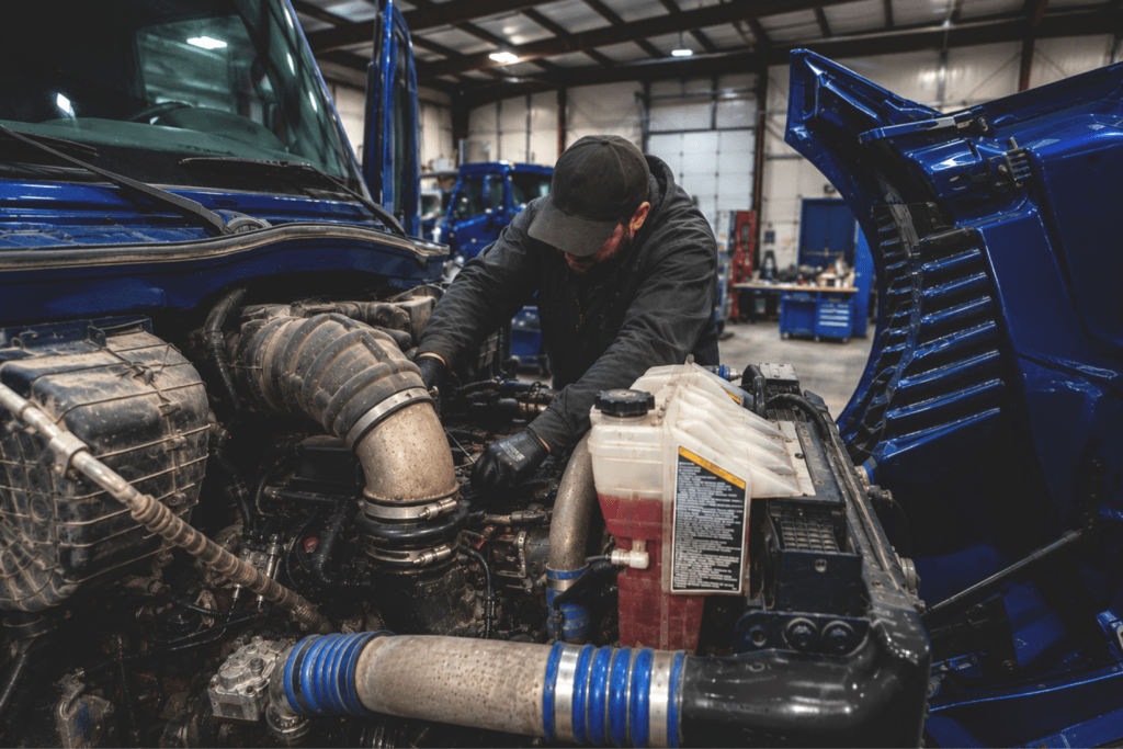 Diesel technician repairing engine components on a semi-truck, reflecting the diesel technician shortage affecting fleet maintenance