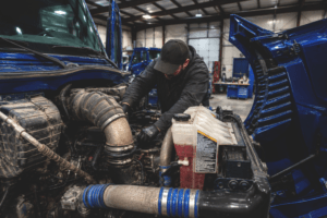 Diesel technician repairing engine components on a semi-truck, reflecting the diesel technician shortage affecting fleet maintenance