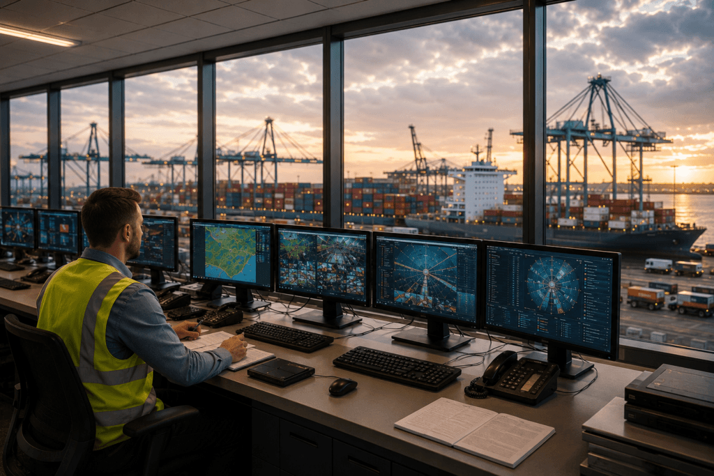 Operator monitoring shipping harbor data using a Unified Logistics Control Platform across multiple screens.
