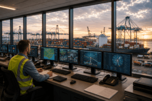 Operator monitoring shipping harbor data using a Unified Logistics Control Platform across multiple screens.