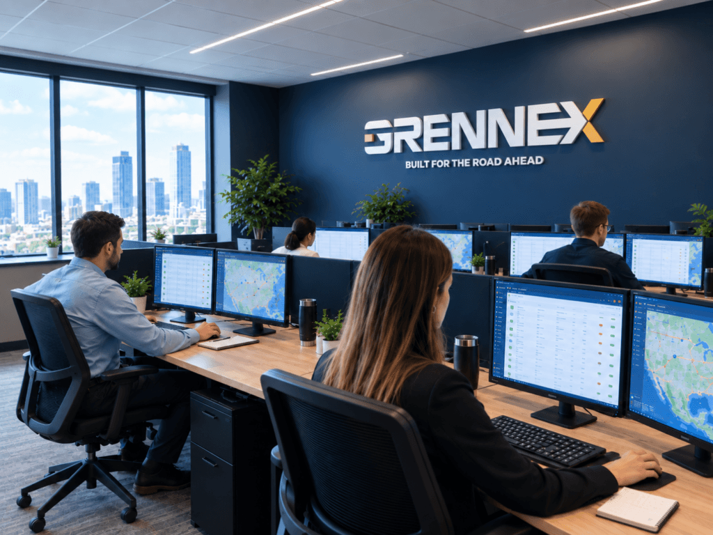 GRENNEX control center with employees monitoring logistics operations across multiple computer screens.
