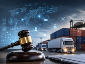 Gavel beside freight trucks and shipping containers, illustrating broker liability in transportation
