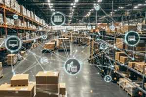 Warehouse filled with pallets, shelves, forklifts, and digital supply chain network icons.