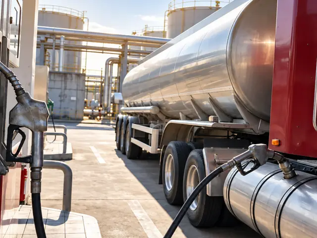 Fuel tanker truck being refueled at an industrial facility