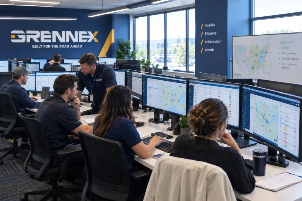 A logistics team monitors operations and tracking data on dual desktop screens