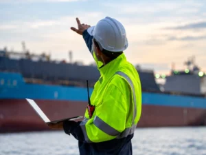 Harbor inspector in a high-visibility jacket signals toward a cargo ship while holding a laptop.