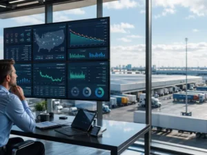 Analyst monitors fleet performance dashboards displaying route maps, shipment data, and delivery trends