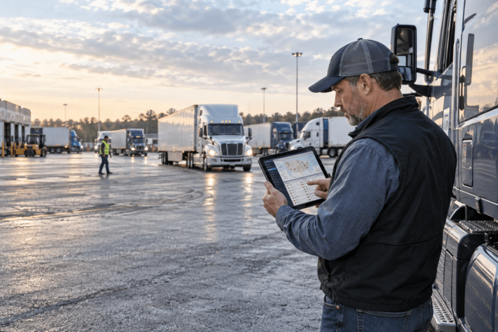 Logistics manager reviewing digital fleet tracking dashboard on a tablet in a busy truck yard.