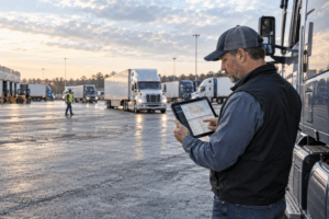 Logistics manager reviewing digital fleet tracking dashboard on a tablet in a busy truck yard.