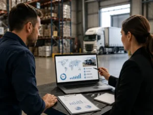 Two logistics professionals review transportation analytics on a laptop inside a warehouse