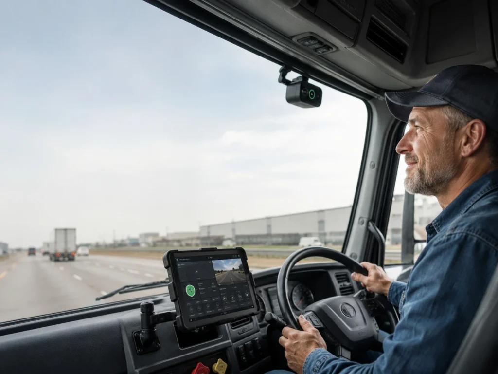Truck driver using a dashboard tablet while driving on a highway.