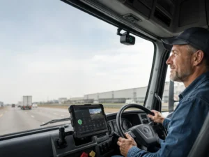 Truck driver using a dashboard tablet while driving on a highway.