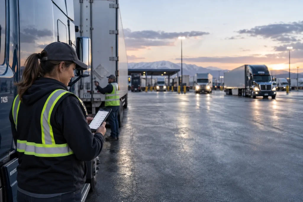 Woman in a reflective safety vest checks a tablet at a freight terminal during sunset.
