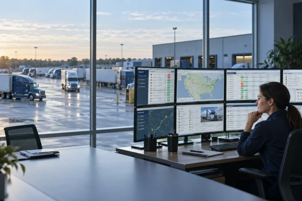 Woman monitors shipment tracking dashboards beside trucks at a distribution facility.