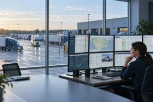 Woman monitors shipment tracking dashboards beside trucks at a distribution facility.